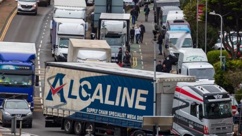 Lorry queues at the entrance to the port in Dover