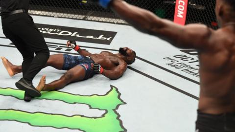 Joaquin Buckley celebrates after knocking out Impa Kasanganay at UFC Fight Island Five.