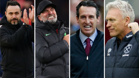 Brighton manager Roberto de Zerbi (left), Liverpool boss Jurgen Klopp, Aston Villa manager Unai Emery (second right) and West Ham boss David Moyes (right)