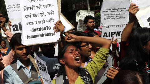 A woman reacts at a protest against the rape of an eight-year-old girl, in Kathua, near Jammu and a teenager in Unnao, Uttar Pradesh state, in New Delhi, India April 12, 2018.