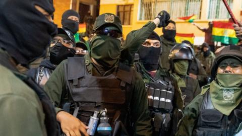 Police officers are seen at their headquarters in Cochabamba, Bolivia