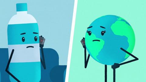 A plastic bottle and Earth animation on the phone breaking up with each other