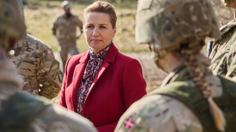 Danish Prime Minister Mette Frederiksen meets conscripts during a visit to Denmark's largest military workplace, Flyvestation Karup (Air Base Karup) in Jutland, Denmark, 07 March 2024