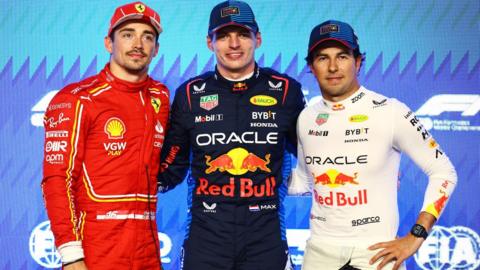 Red Bull's Max Verstappen, Ferrari's Charles Leclerc and Red Bull's Sergio Perez after Saudi Arabian Grand Prix qualifying