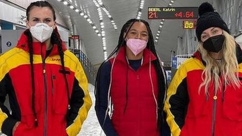 Adele Nicoll (l) and Mica Moore (c) are each hoping to join pilot Mica McNeill (r) in the women's bobsleigh for the Beijing Winter Olympics in 2022.