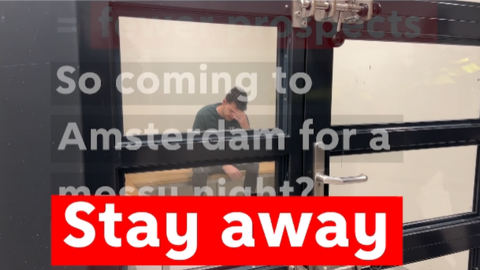 A still from the new advertisement with the text 'So coming to Amsterdam for a messy night? Stay away' visible