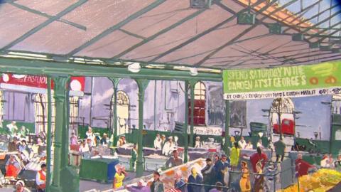 A close-up of a painting of St George's Market in Belfast, one of the artworks in the Stormont collection