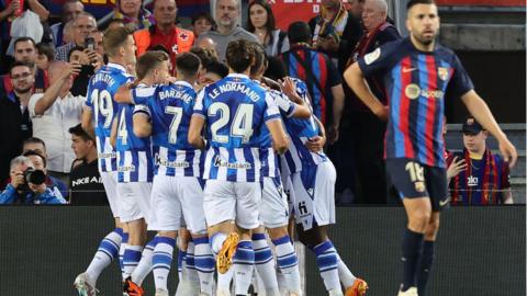 Real Sociedad celebrate a goal against Barcelona