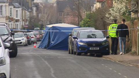 A police tent and cordon on Southfield Road