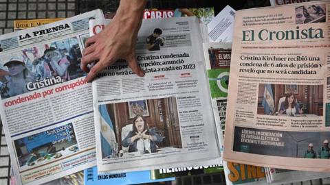 Argentine newspapers the day after Argentina's vice-president Cristina Fernandez de Kirchner was convicted on corruption charges in Buenos Aires on December 7, 2022.