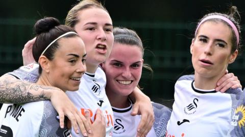 Chloe Chivers of Swansea City Women celebrates scoring with her team-mates during the Adran Premier game against Barry Town United in September