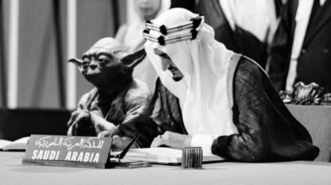 A picture of the late Saudi King Faisal sitting next to the Star Wars character Yoda, which was created by the artist Shaweesh - but has now strayed into a textbook.