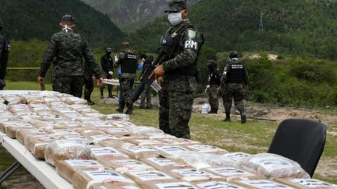 A Colombian cocaine haul being watched over by police in Tegucigalpa July 11 2017