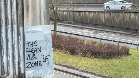 The offensive message near the road