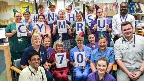 Staff in the paediatric wards at Royal Glamorgan Hospital celebrate the NHS turning 70