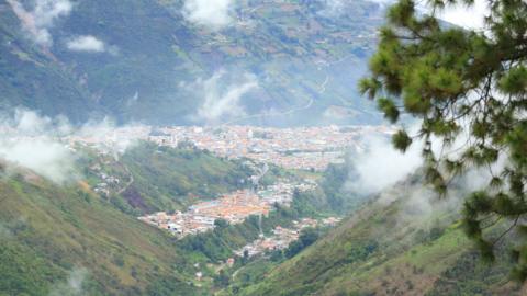 La Grita city, under early morning clouds and surrounded by mountrains. La Grita is the capital of Jauregui County in Tachira State, Venezuela, is located to the north of the Andean state at 1,500 meters above sea level in average with a population of more than 110,000.