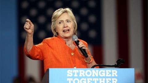 Democratic presidential candidate Hillary Clinton addresses supporters during a rally at the Osceola Heritage Park in Kissimmee, Florida.