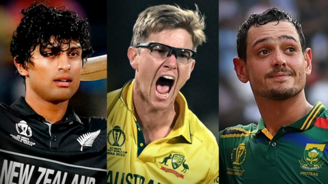New Zealand all-rounder Rachin Ravindra (left), Australia spin bowler Adam Zampa (middle), South Africa wicket-keeper Quinton de Kock (right)