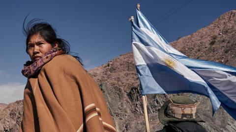 Members of native communities block the road during a demonstration in defense of water and the right over their lands in Pumamarca, Argentina on 20 June 2023