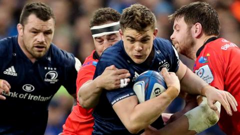 Ireland players Cian Healy, Rob Herring, Garry Ringrose and Iain Henderson battle in last season's Champions Cup quarter-final between Leinster and Ulster