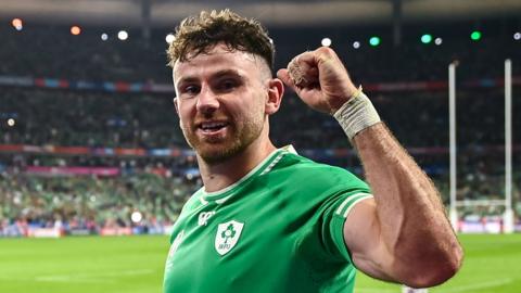 Ireland full-back Hugo Keenan celebrates the win over South Africa