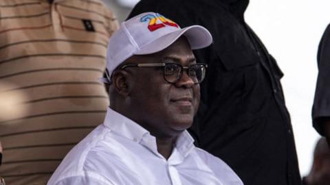 President of the Democratic Republic of the Congo (DRC) and leader of the Union of Democracy and Social Progress (UDPS) party, Felix Tshisekedi (C), attends a campaign rally at Sainte Therese in the Ndjili district of Kinshasa on December 18, 2023.