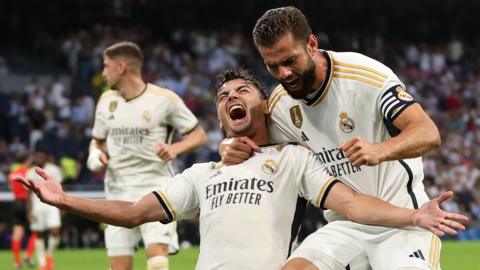 Real Madrid's Brahim Diaz celebrates goal against las Palmas