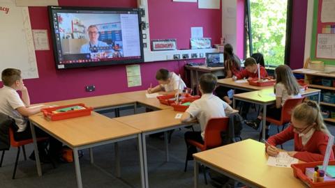 Children in classroom with teacher on screen