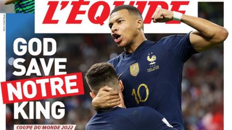 The L'Equipe front page with a picture of Kylian Mbappe and the headline "God save notre King"