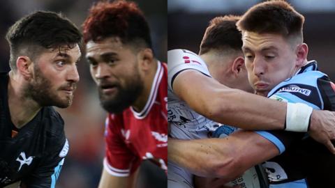 Owen Williams (L) attacks Scarlets while Josh Adams (R) is stopped by Dragons