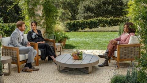 Prince Harry and Meghan, Duchess of Sussex, being interviewed by Oprah Winfrey