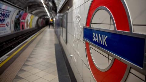 Bank station roundel on platform