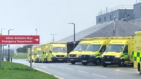 Ambulances queuing outside Ysbyty Gwynedd