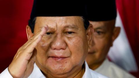 Mr Prabowo delivers his victory speech shortly after his election was confirmed