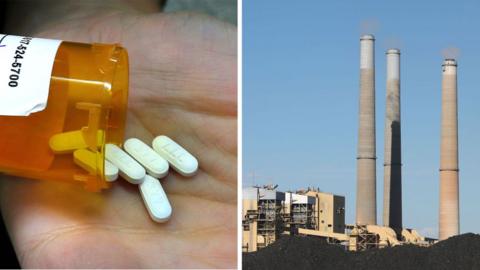 Composite image of pill bottle and coal fired plant