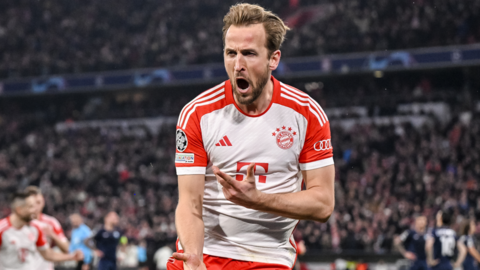 Harry Kane celebrates scoring for Bayern Munich against Lazio in the Champions League