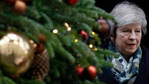 Theresa May walking past the Christmas tree outside 10 Downing Street