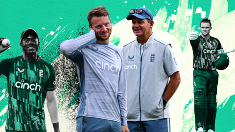 A graphic with England white-ball captain Jos Buttler and coach Matthew Mott in the centre and then bowler Jofra Archer to the left and Jason Roy to the right