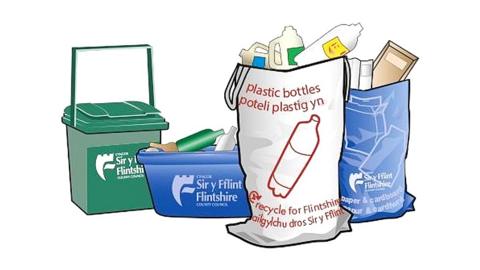 Graphic of recycling containers with Flintshire logo on them