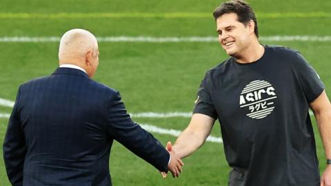 Lions boss Warren Gatland and Rassie Erasmus smilingly greet each other before the first Test against the Springboks