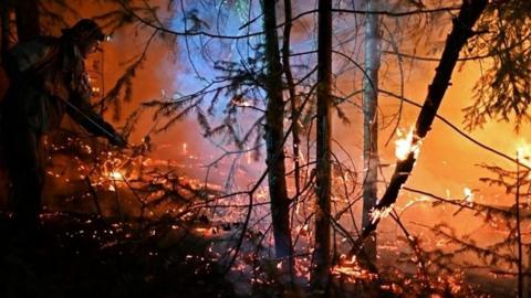 Volunteer works on wildfire in Russia in 2021