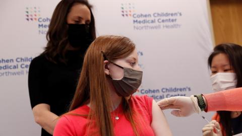 Hanna Riva Goldberg, 16, receives the Pfizer vaccine, New Hyde Park, NY