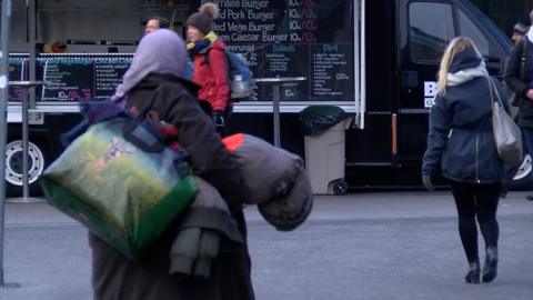 A homeless woman in Helsinki, Finland