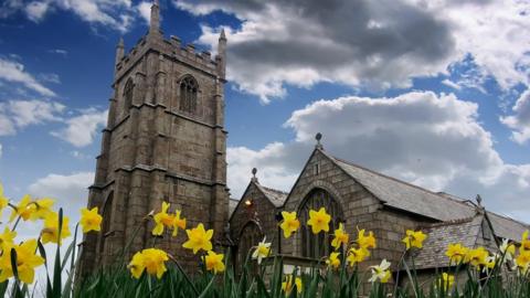 Daffodils in a churchyard