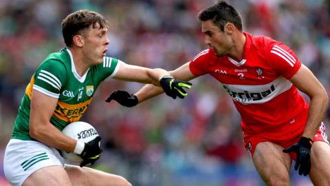 David Clifford is challenged by Derry's Chrissy McKaigue in Sunday's All-Ireland Football semi-final at Croke Park