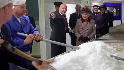 Queen Elizabeth II on a visit to Maldon Sea Salt in 2010