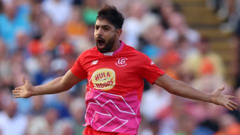 Haris Rauf of Welsh Fire celebrates taking a wicket in The Hundred