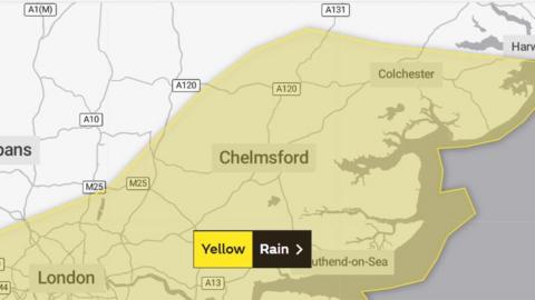 Met Office yellow weather warning covering parts of Essex