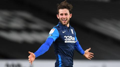 Alan Browne of Preston North End celebrates his winner against Derby County