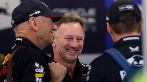 Adrian Newey, team principal Christian Horner and Max Verstappen in the Red Bull garage
